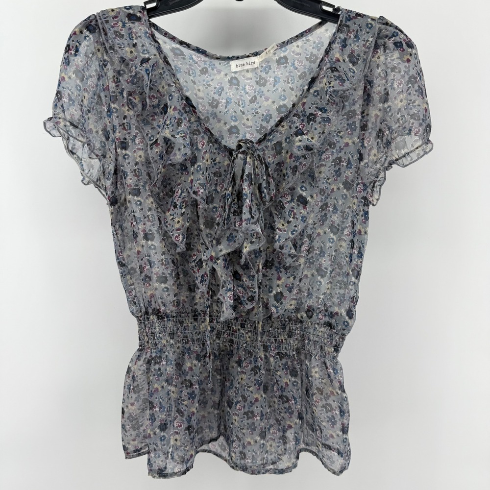 Sheer Floral Ruffle‎ Tie Neck Top Smocked Waist Sheer Blouse M Fairy Whimsigoth